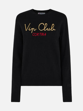 Woman black sweater New Queen with embroidery Vip club Cortina | VIP CLUB CORTINA SPECIAL EDITION - MC2 Saint Barth