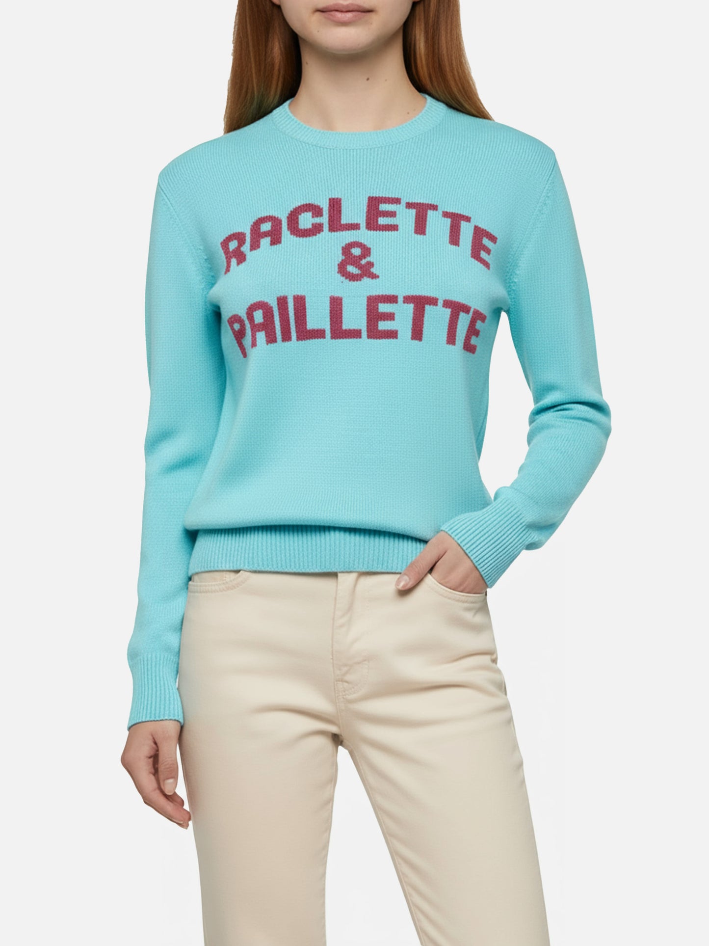 Water green sweater New Queen with Raclette & Paillettes sequins lettering