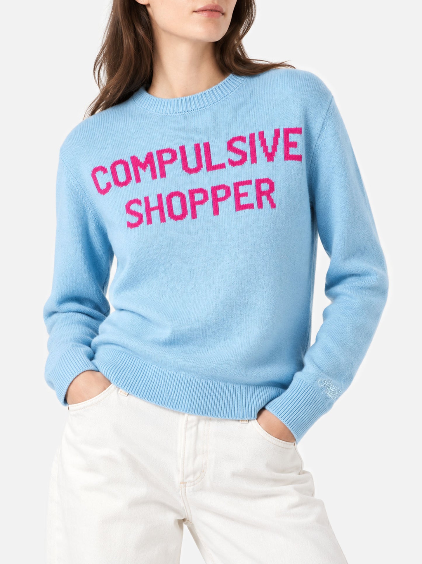 Neuer hellblauer New Queen Pullover mit Compulsive Shopper-Jacquard 