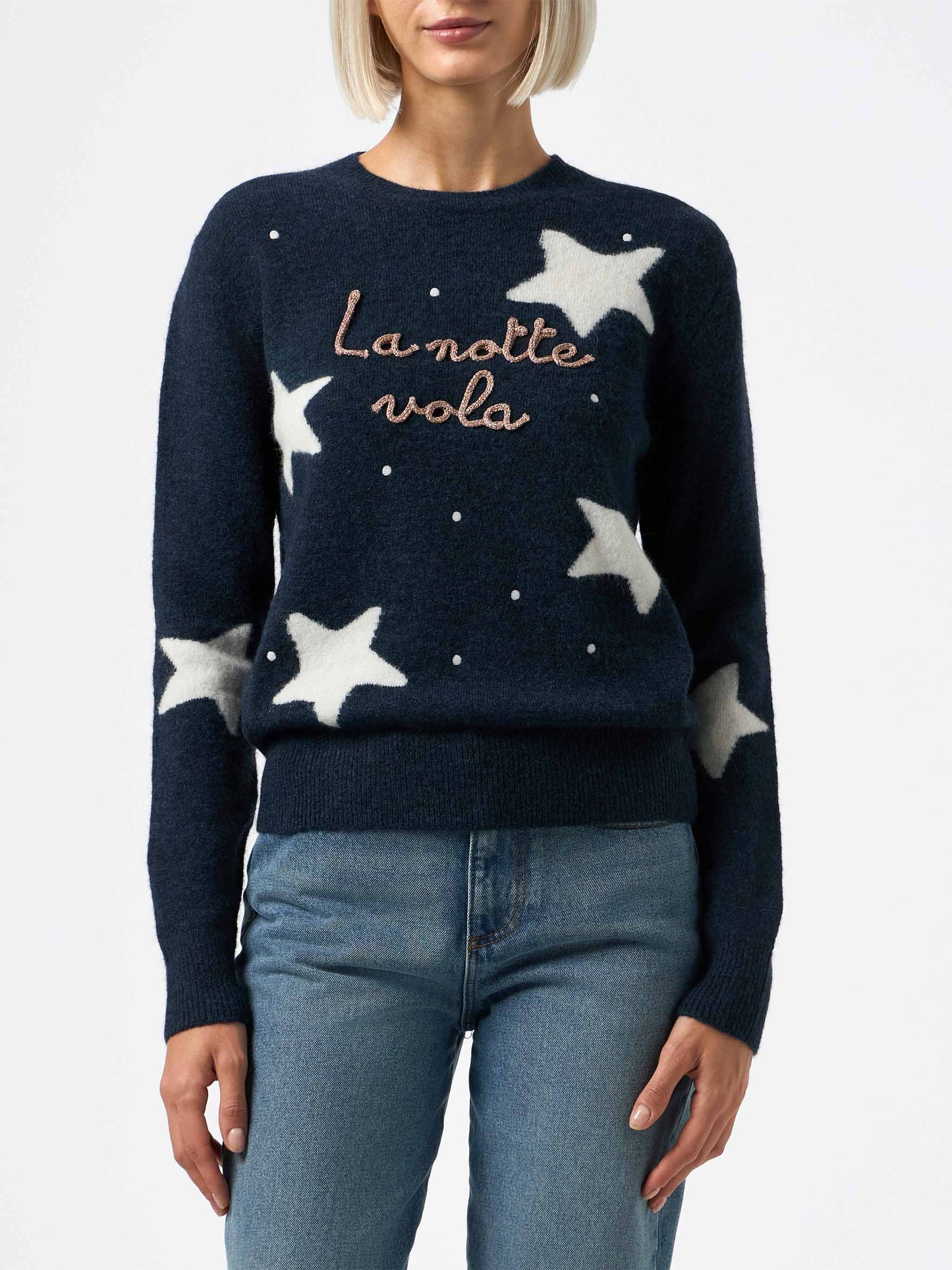 Woman blue sweater New Queen with La notte vola embroidery and stars jacquard - MC2 Saint Barth