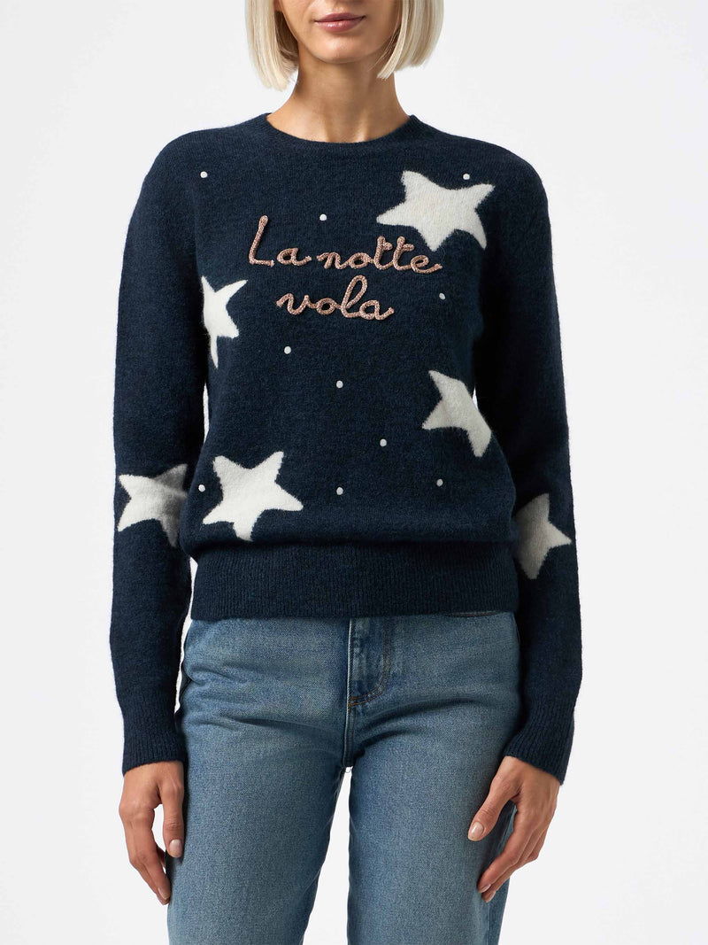 Woman blue sweater New Queen with La notte vola embroidery and stars jacquard