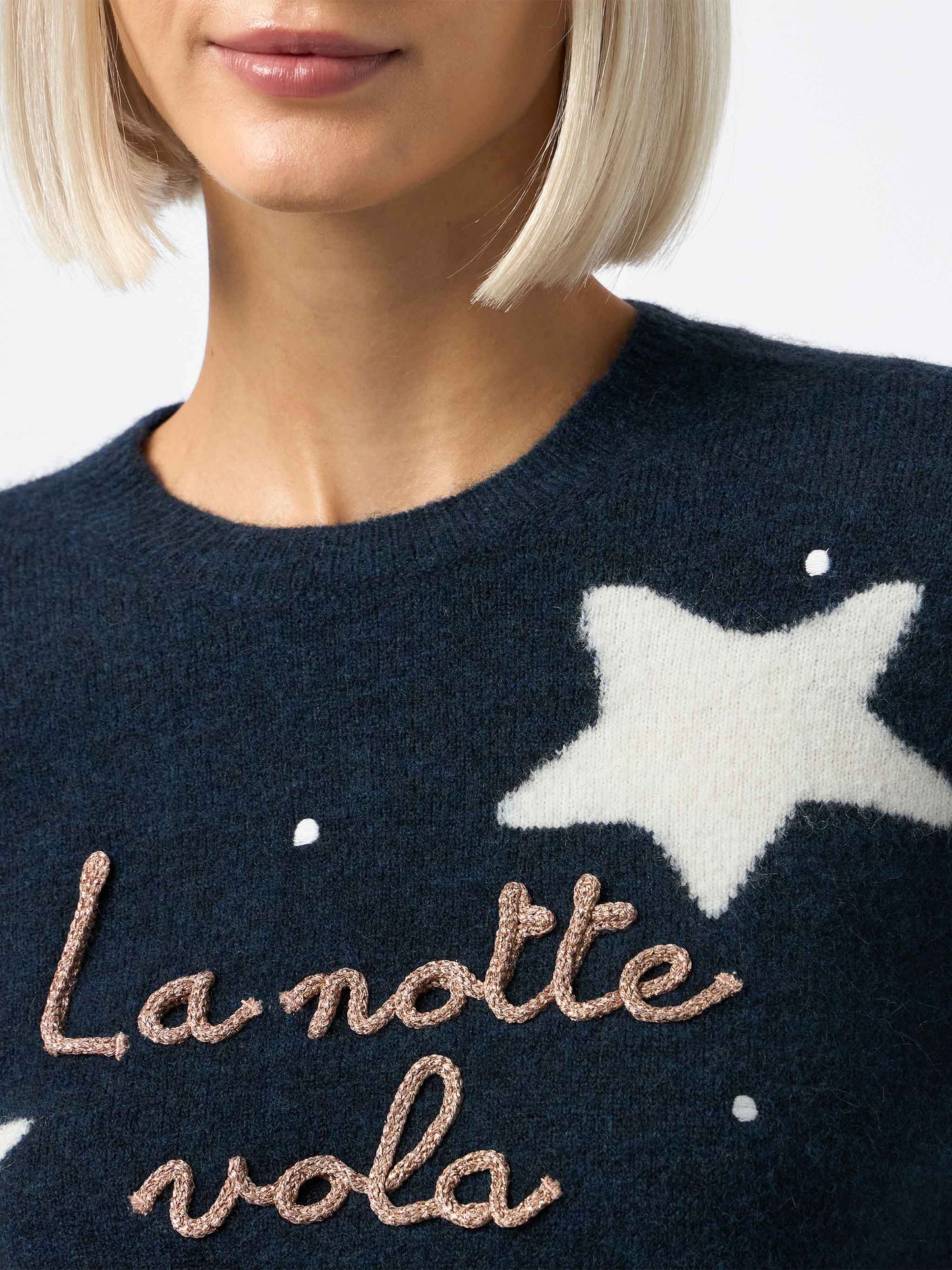 Woman blue sweater New Queen with La notte vola embroidery and stars jacquard - MC2 Saint Barth