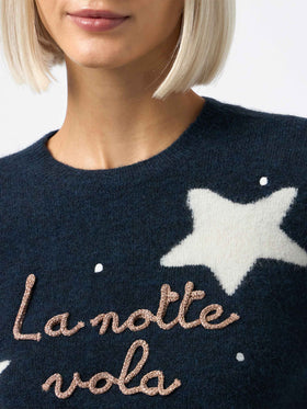 Woman blue sweater New Queen with La notte vola embroidery and stars jacquard - MC2 Saint Barth