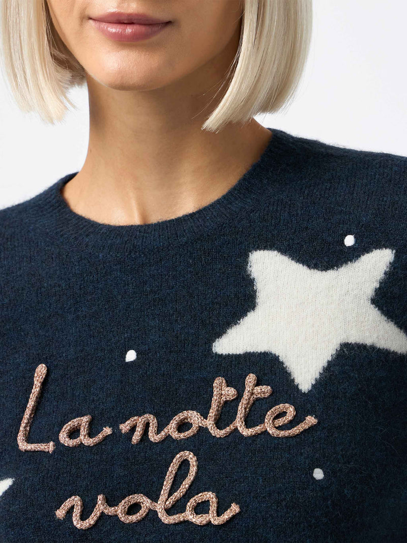 Woman blue sweater New Queen with La notte vola embroidery and stars jacquard