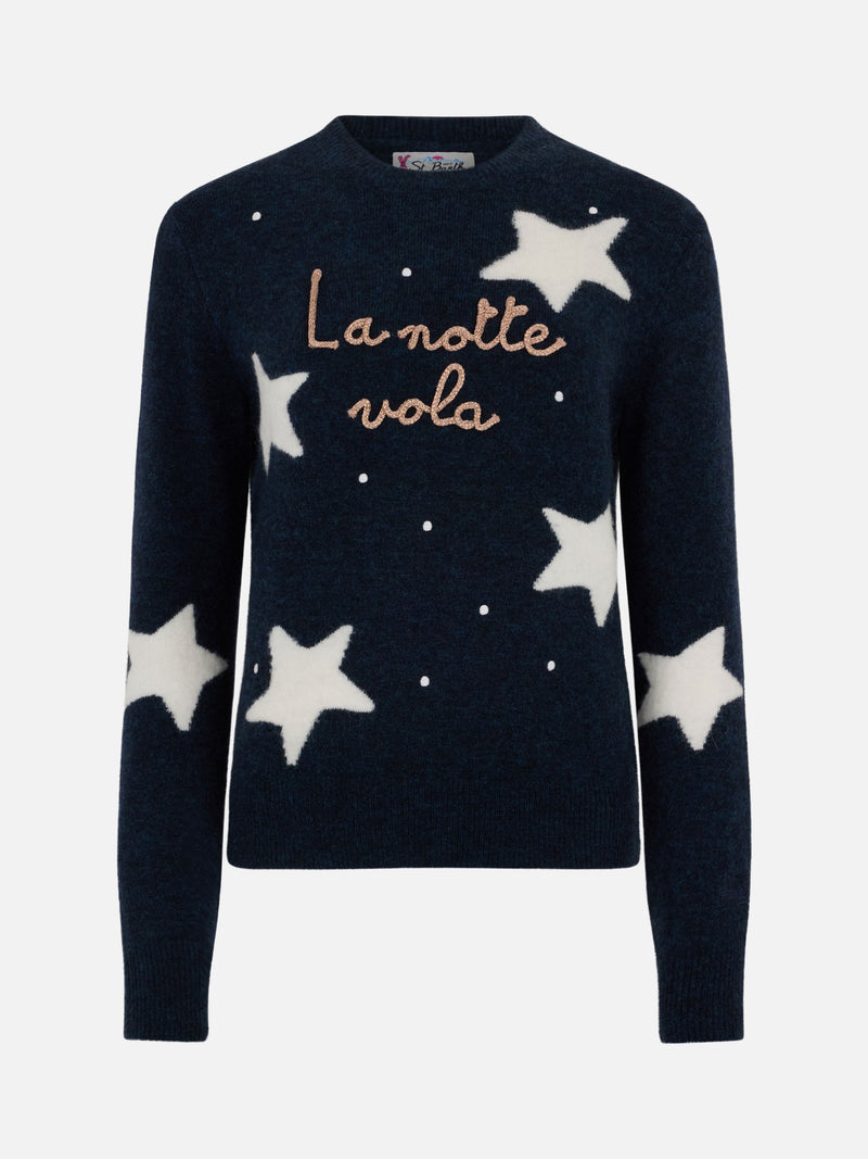 Woman blue sweater New Queen with La notte vola embroidery and stars jacquard