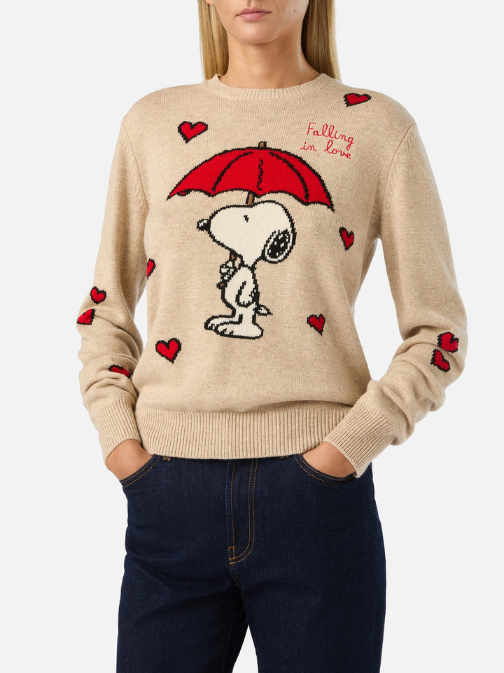 Jersey de punto de cuello redondo Beige New Queen con intarsia de Snoopy | Special edition 