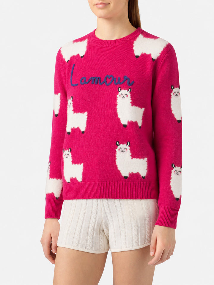 Maglia New Queen in tessuto effetto alpaca fucsia con ricamo L Amour