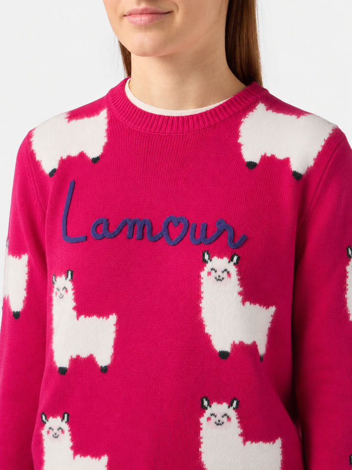 Maglia New Queen in tessuto effetto alpaca fucsia con ricamo L Amour