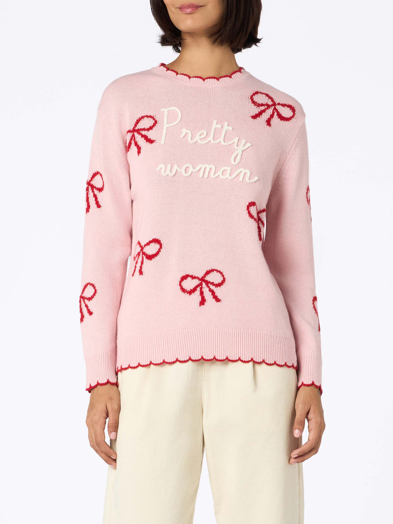 Maglione rosa da donna New Queen con ricamo Pretty Woman e stampa nastri