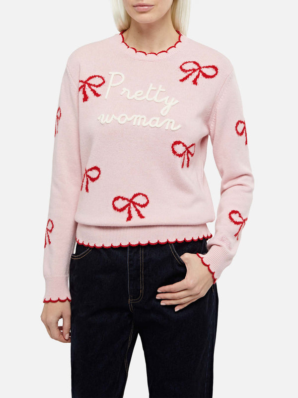 Maglione rosa da donna New Queen con ricamo Pretty Woman e stampa nastri