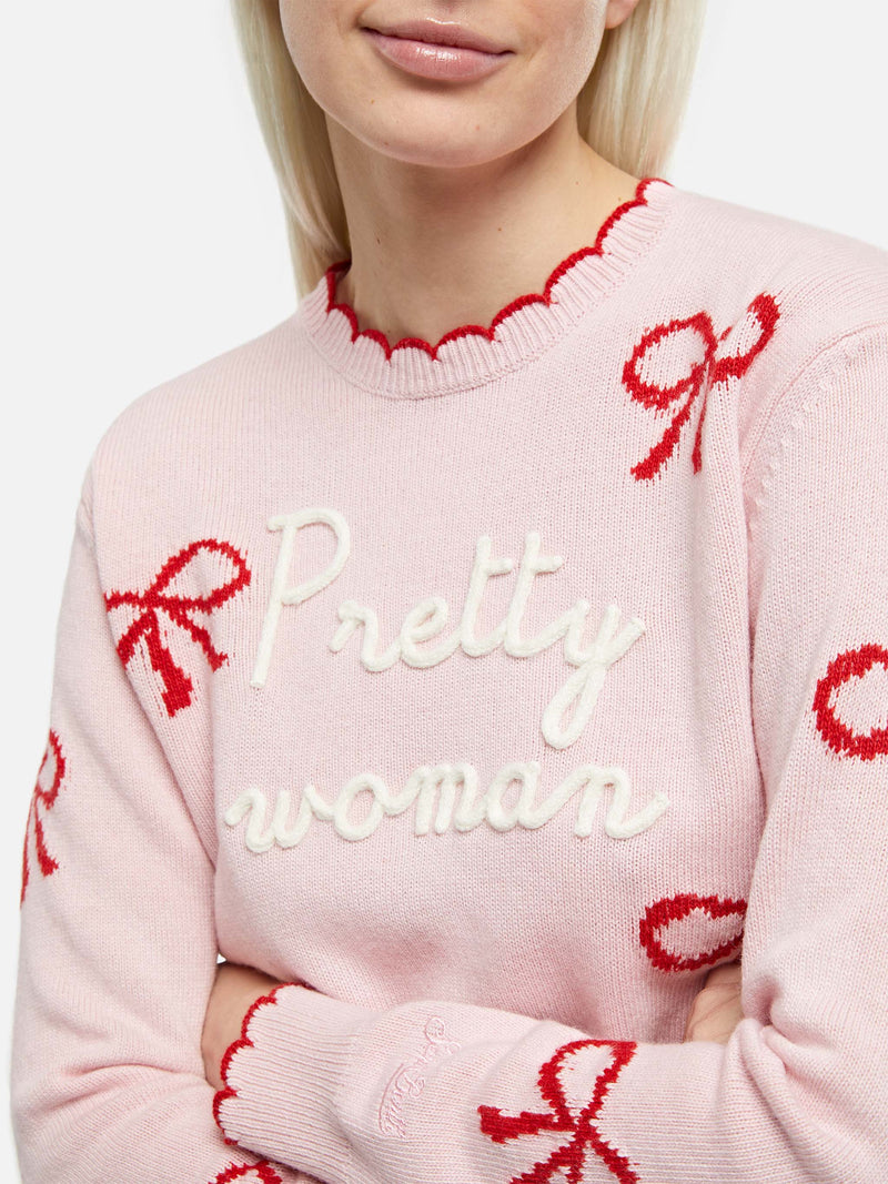 Rosa Damenpullover New Queen mit Pretty Woman-Stickerei und Bänder-Print