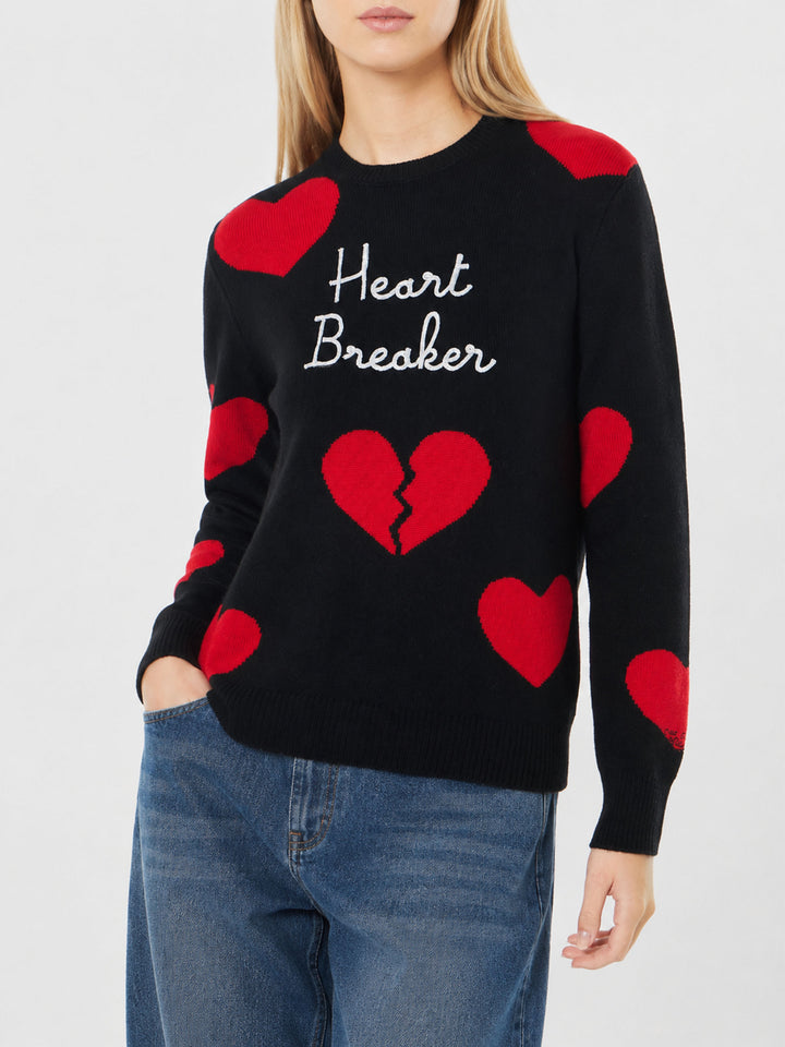Maglione New Queen nero con ricamo Heart Breaker e jacquard cuori