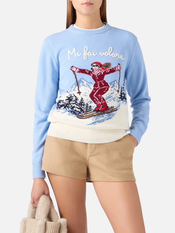 Pull en maille à col rond Light blue New Queen avec broderie Mi Fai Volare 