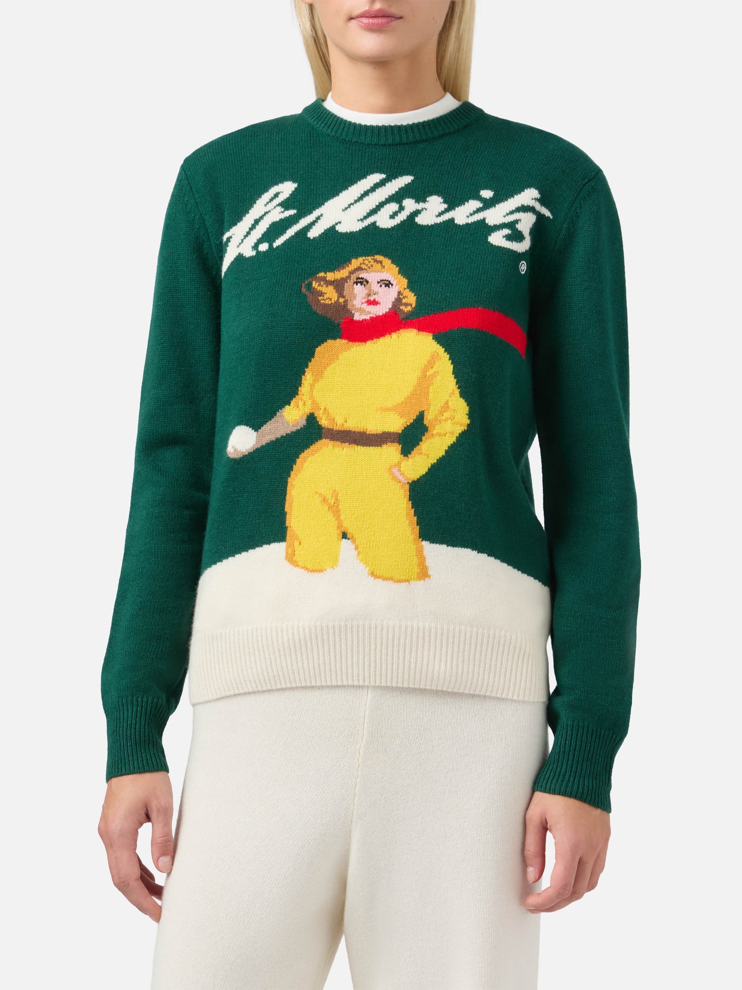 New Queen cashmere-blend sweater in green with St. Moritz postcard jacquard | ST. MORITZ SPECIAL EDITION