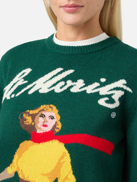 New Queen cashmere-blend sweater in green with St. Moritz postcard jacquard | ST. MORITZ SPECIAL EDITION