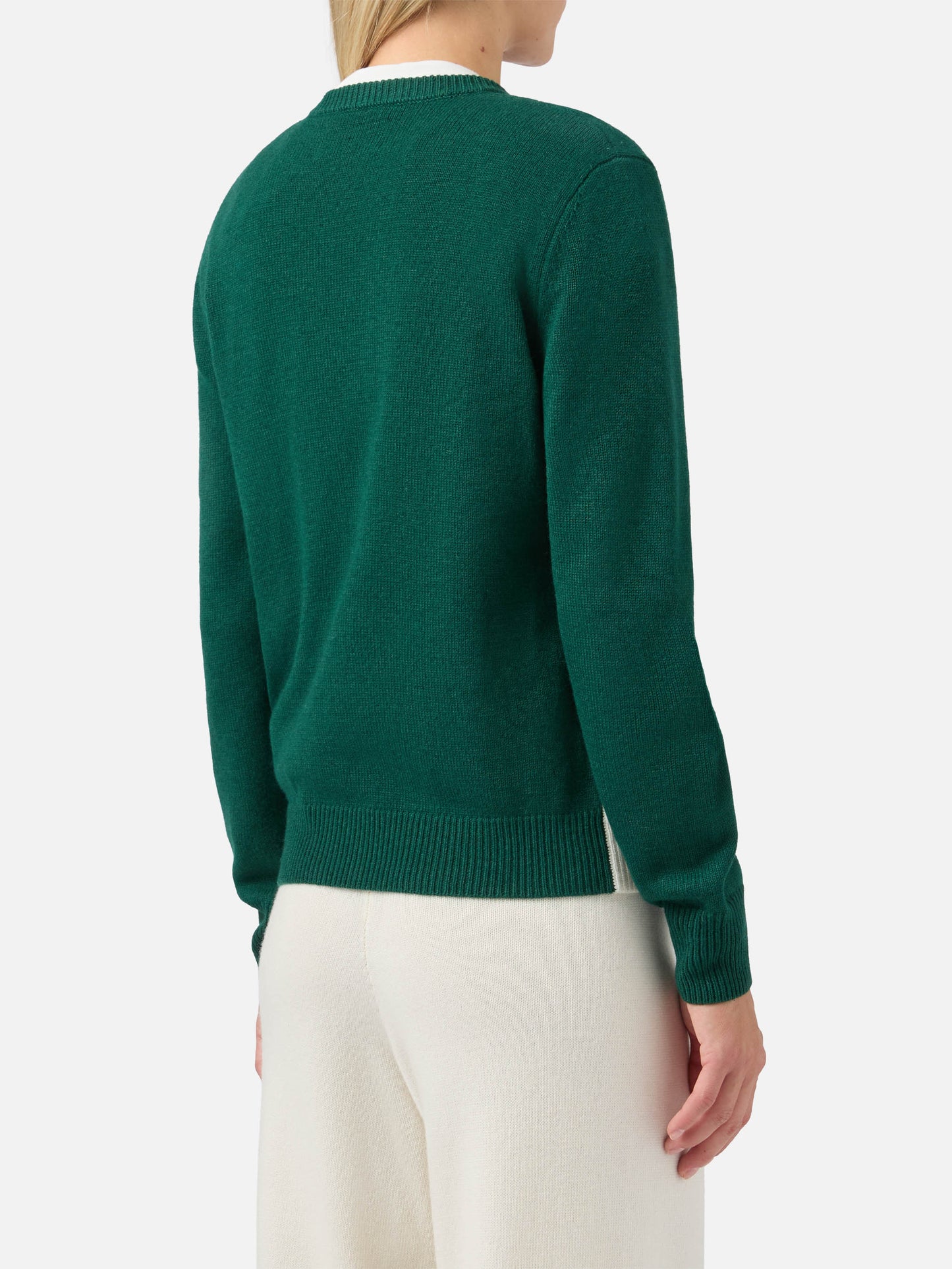 New Queen cashmere-blend sweater in green with St. Moritz postcard jacquard | ST. MORITZ SPECIAL EDITION
