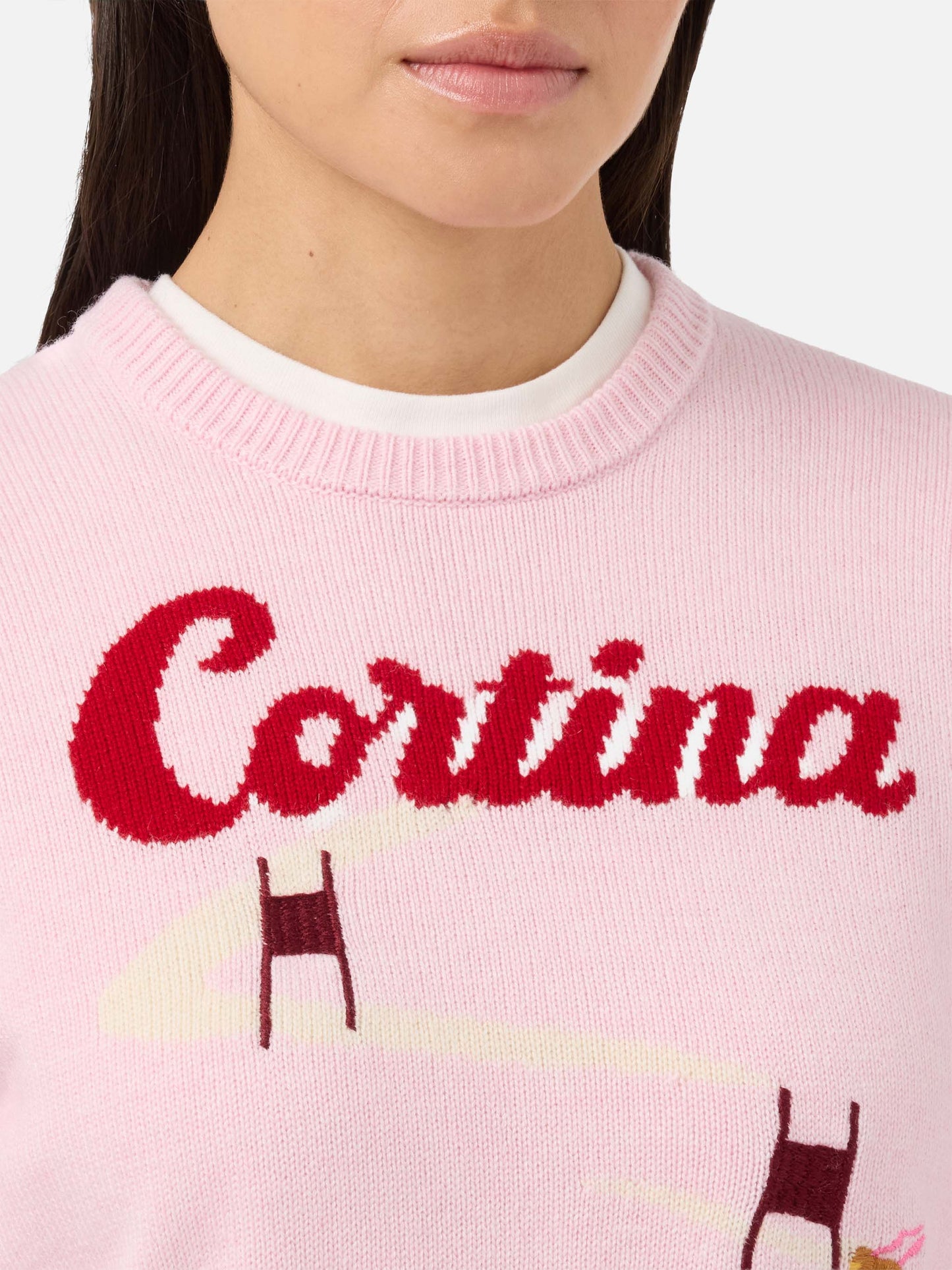 Maglione New Queen in misto cashmere rosa con jacquard cartolina Cortina