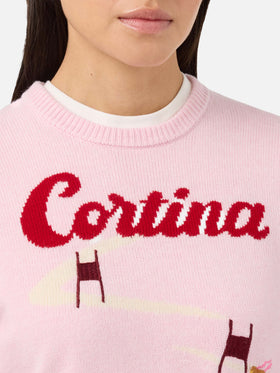 Maglione New Queen in misto cashmere rosa con jacquard cartolina Cortina