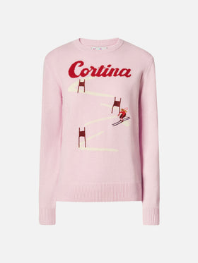 Maglione New Queen in misto cashmere rosa con jacquard cartolina Cortina