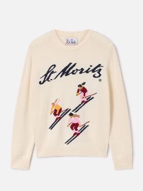 Maglia girocollo New Queen off white con intarsio St. Moritz | Special edition