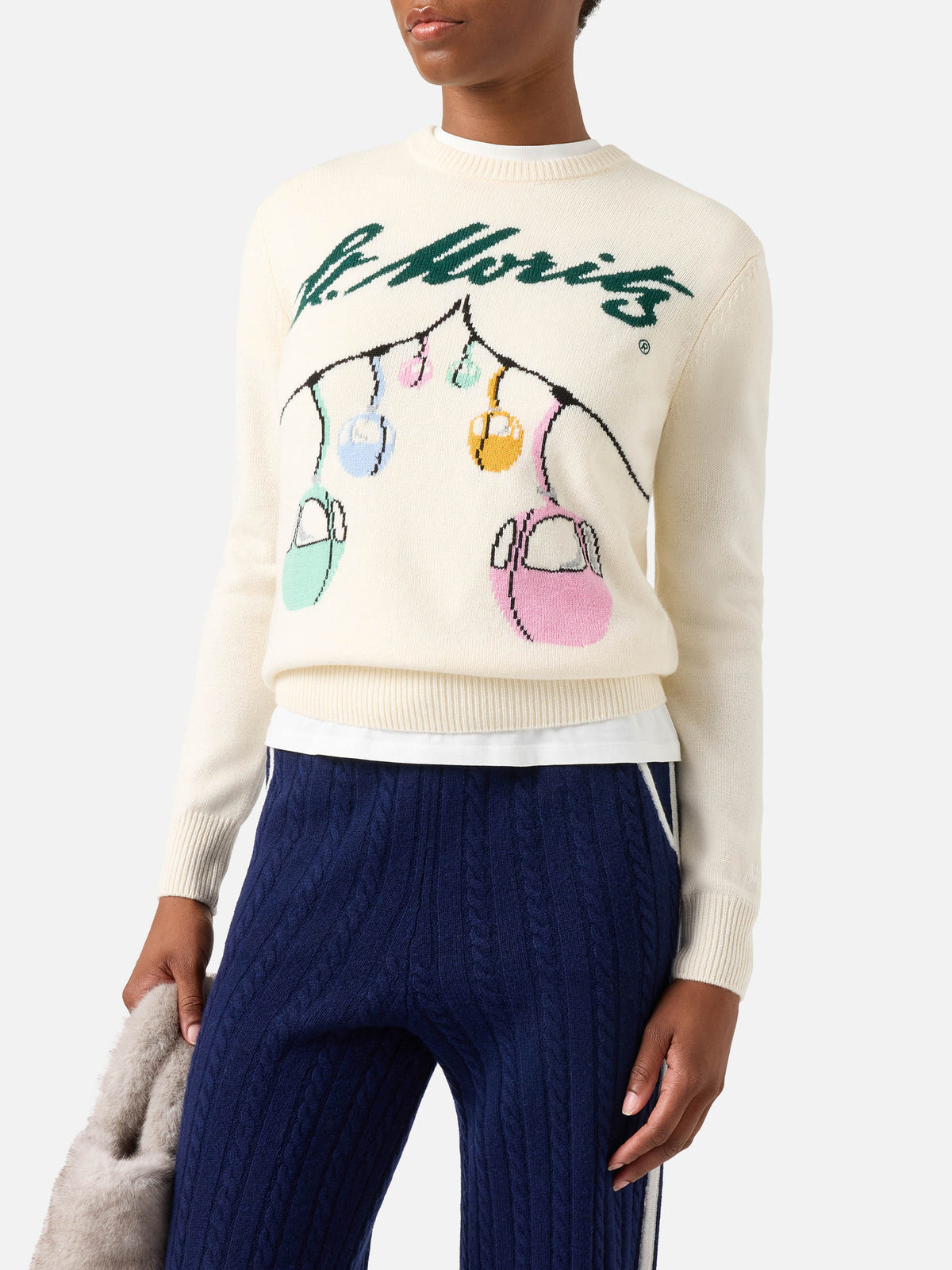 Jersey de punto con cuello redondo New Queen en blanco roto con intarsia de teleférico St. Moritz | Special edition 