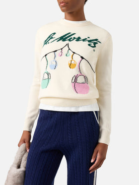 Jersey de punto con cuello redondo New Queen en blanco roto con intarsia de teleférico St. Moritz | Special edition 
