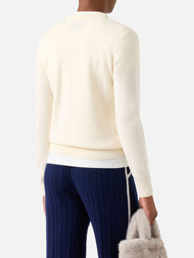 Jersey de punto con cuello redondo New Queen en blanco roto con intarsia de teleférico St. Moritz | Special edition 