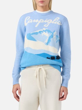 New Queen cashmere-blend sweater in light blue with Campiglio postcard jacquard