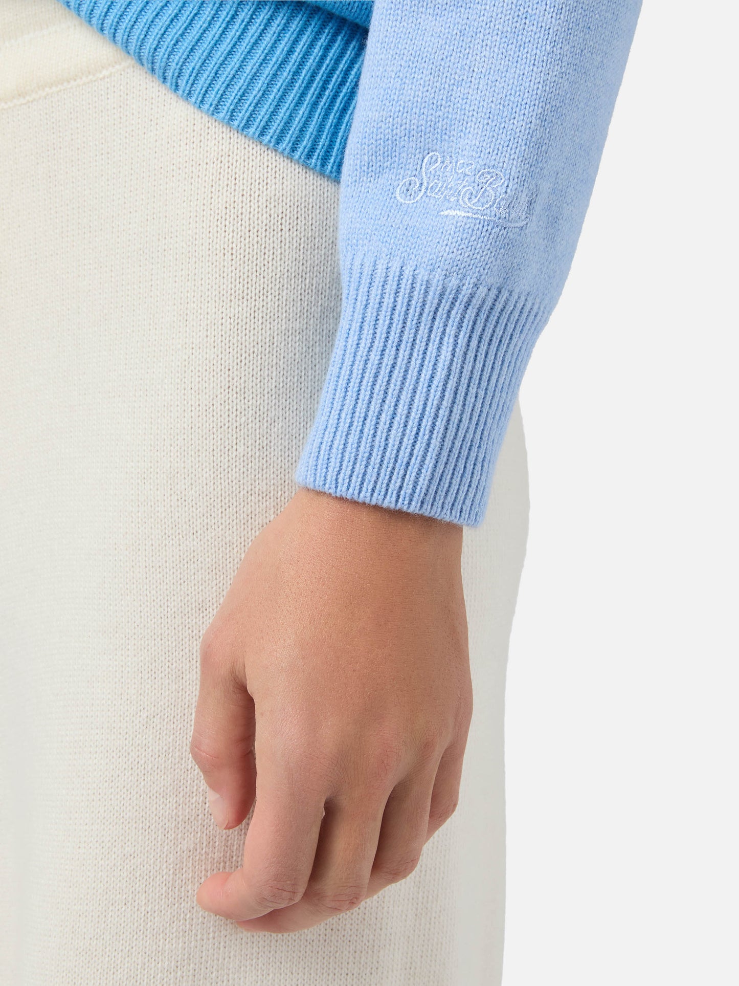 New Queen cashmere-blend sweater in light blue with Campiglio postcard jacquard