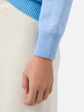 New Queen cashmere-blend sweater in light blue with Campiglio postcard jacquard