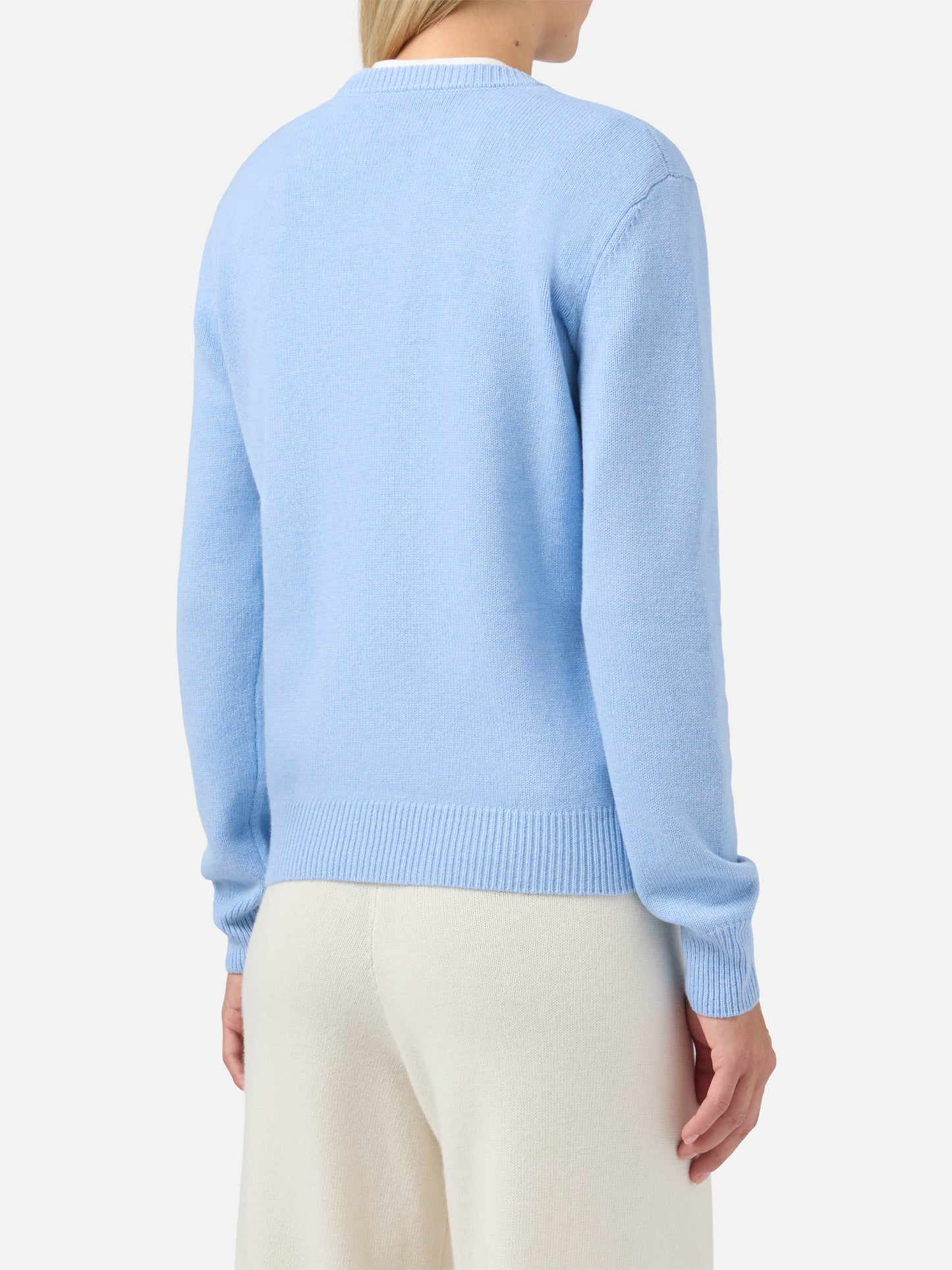 New Queen cashmere-blend sweater in light blue with Campiglio postcard jacquard