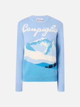 New Queen cashmere-blend sweater in light blue with Campiglio postcard jacquard