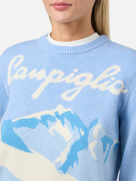 New Queen cashmere-blend sweater in light blue with Campiglio postcard jacquard