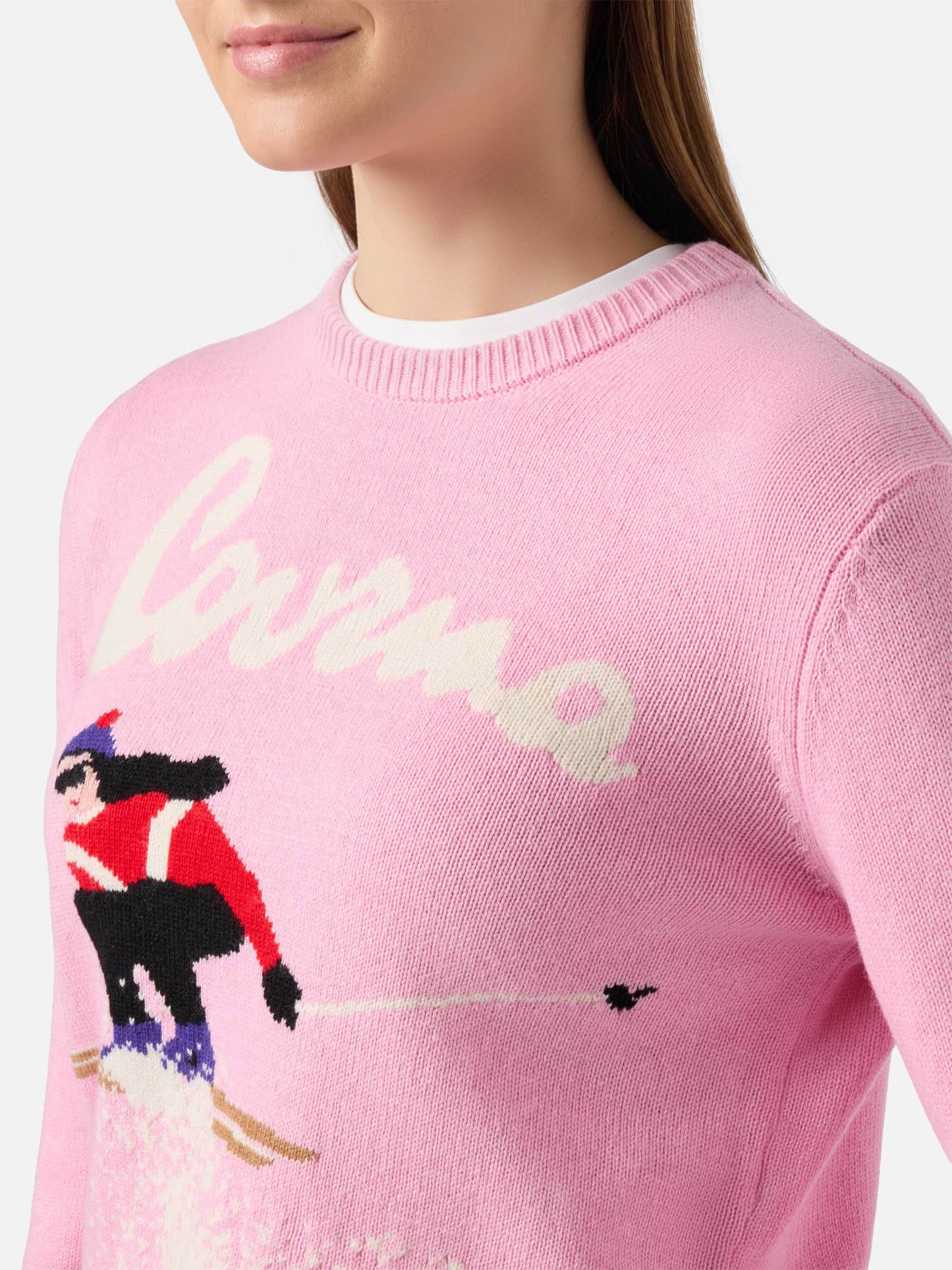 New Queen cashmere-blend sweater in pink with Courma postcard jacquard