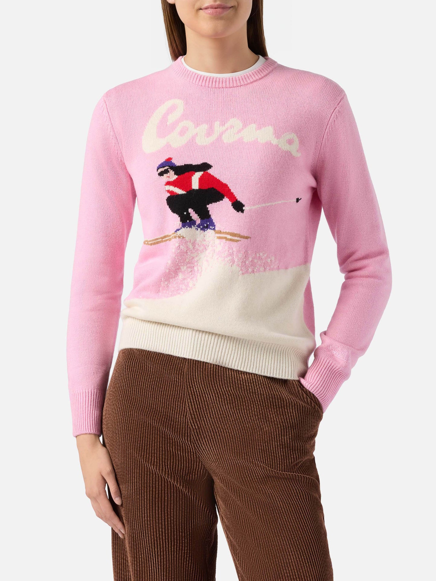 New Queen cashmere-blend sweater in pink with Courma postcard jacquard