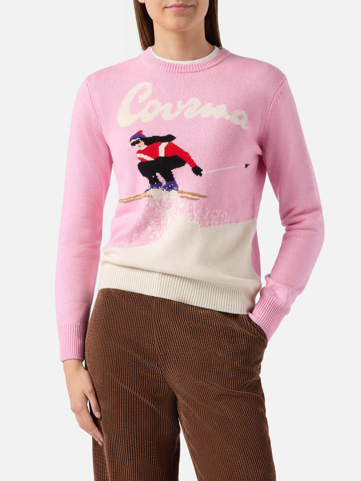 New Queen cashmere-blend sweater in pink with Courma postcard jacquard
