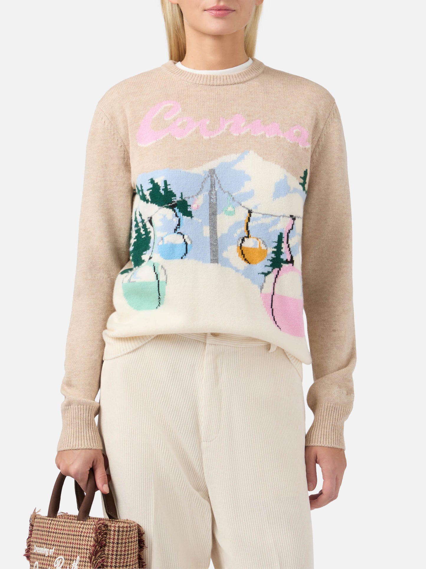 New Queen cashmere-blend sweater in beige with Courma postcard jacquard