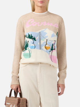 New Queen cashmere-blend sweater in beige with Courma postcard jacquard