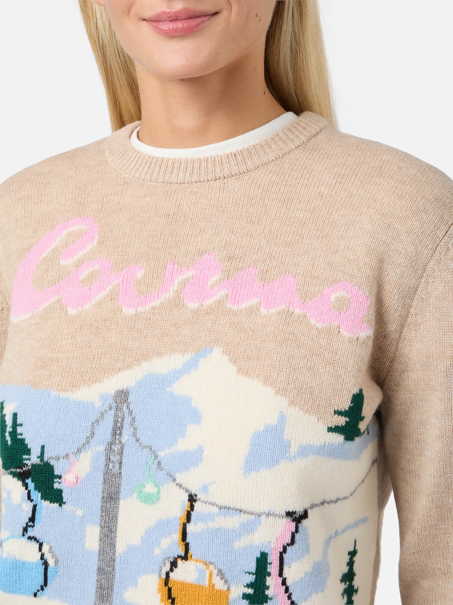 New Queen cashmere-blend sweater in beige with Courma postcard jacquard