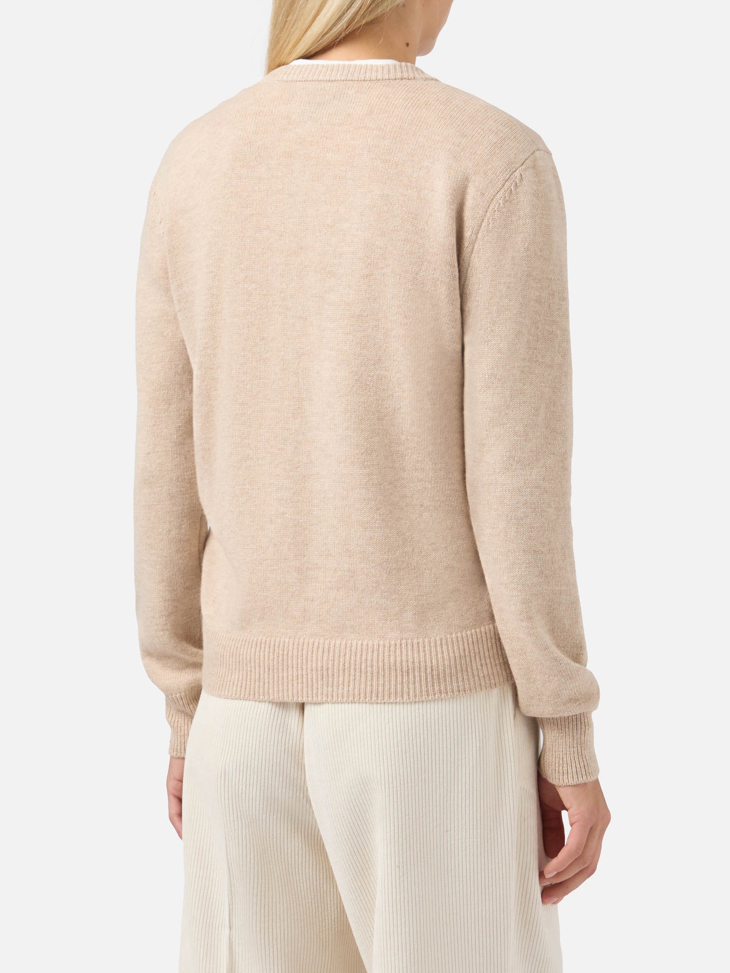 New Queen cashmere-blend sweater in beige with Courma postcard jacquard