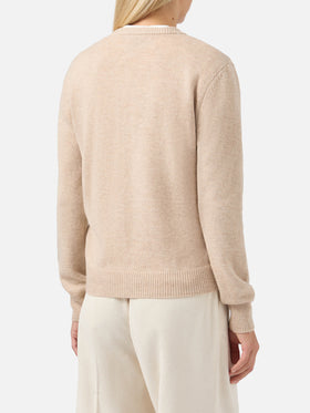 New Queen cashmere-blend sweater in beige with Courma postcard jacquard