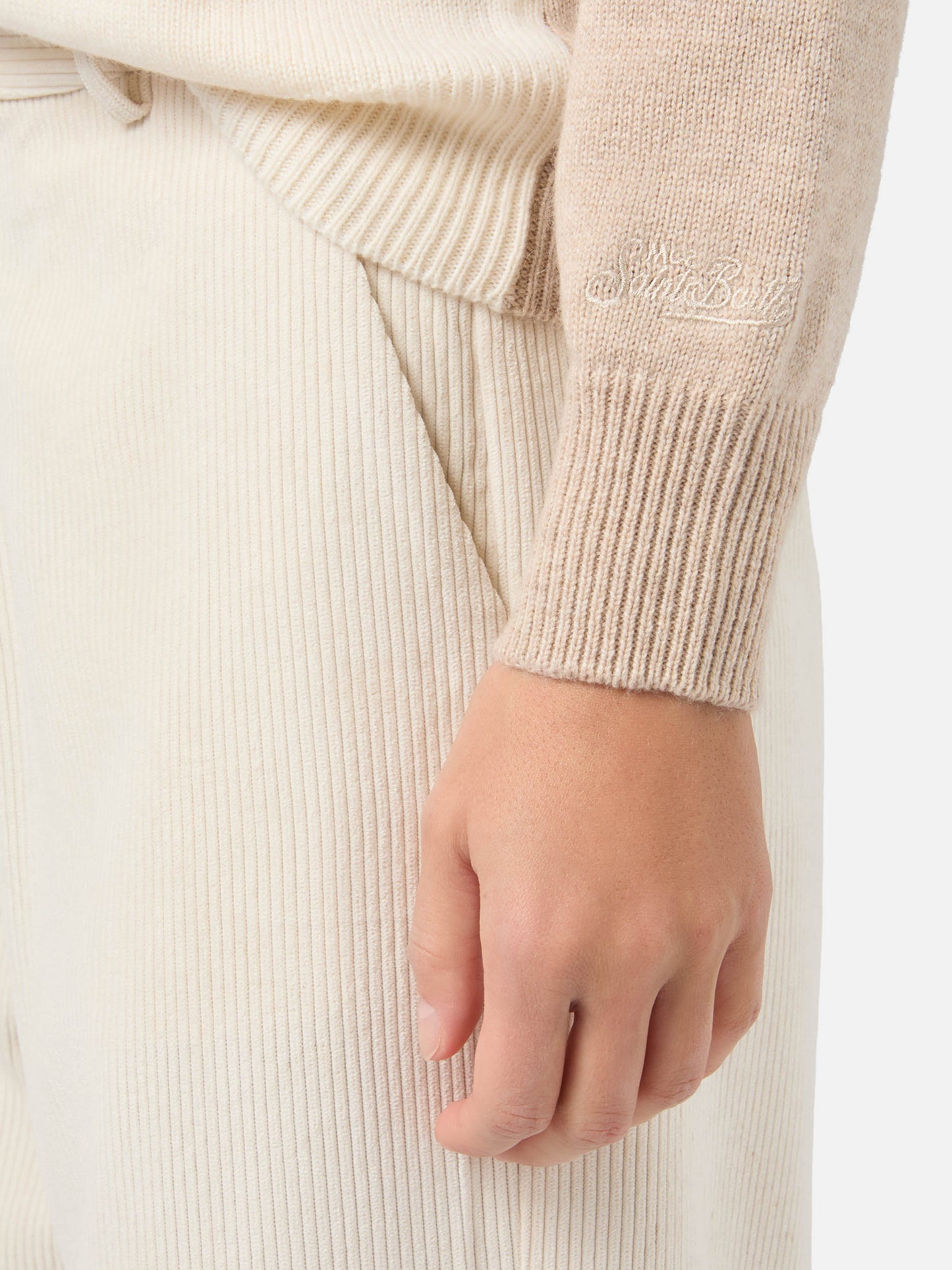 New Queen cashmere-blend sweater in beige with Courma postcard jacquard