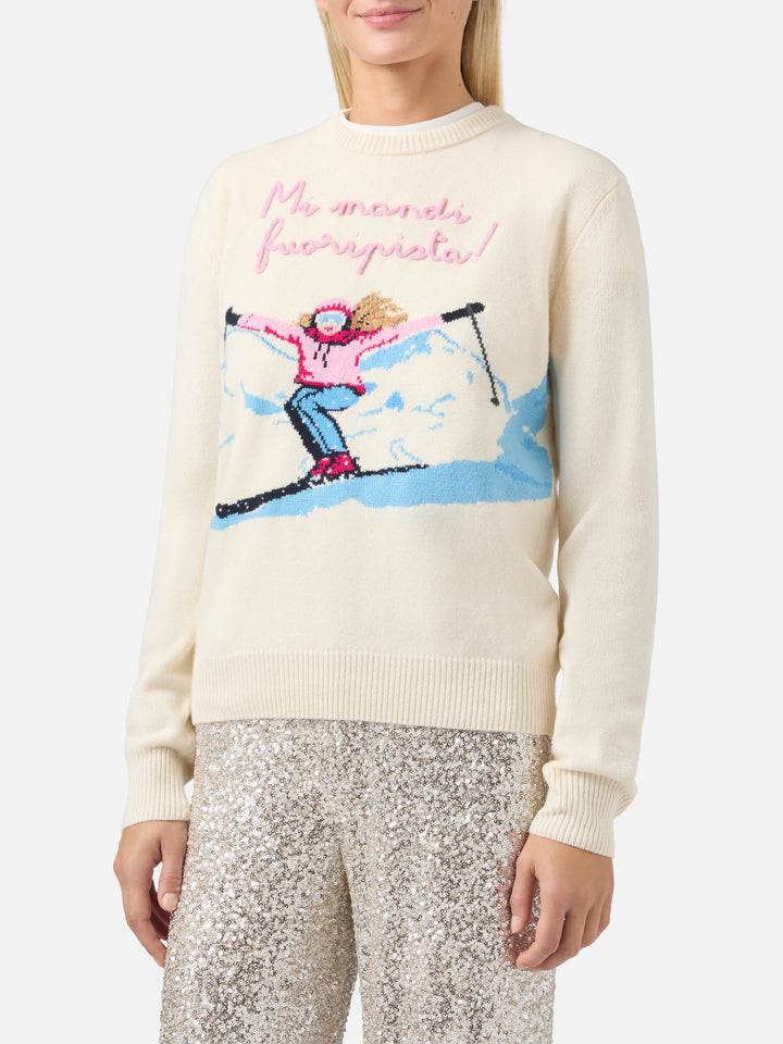 New Queen cashmere-blend sweater in white with postcard jacquard and embroidery