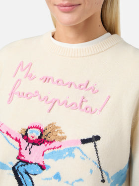 New Queen cashmere-blend sweater in white with postcard jacquard and embroidery