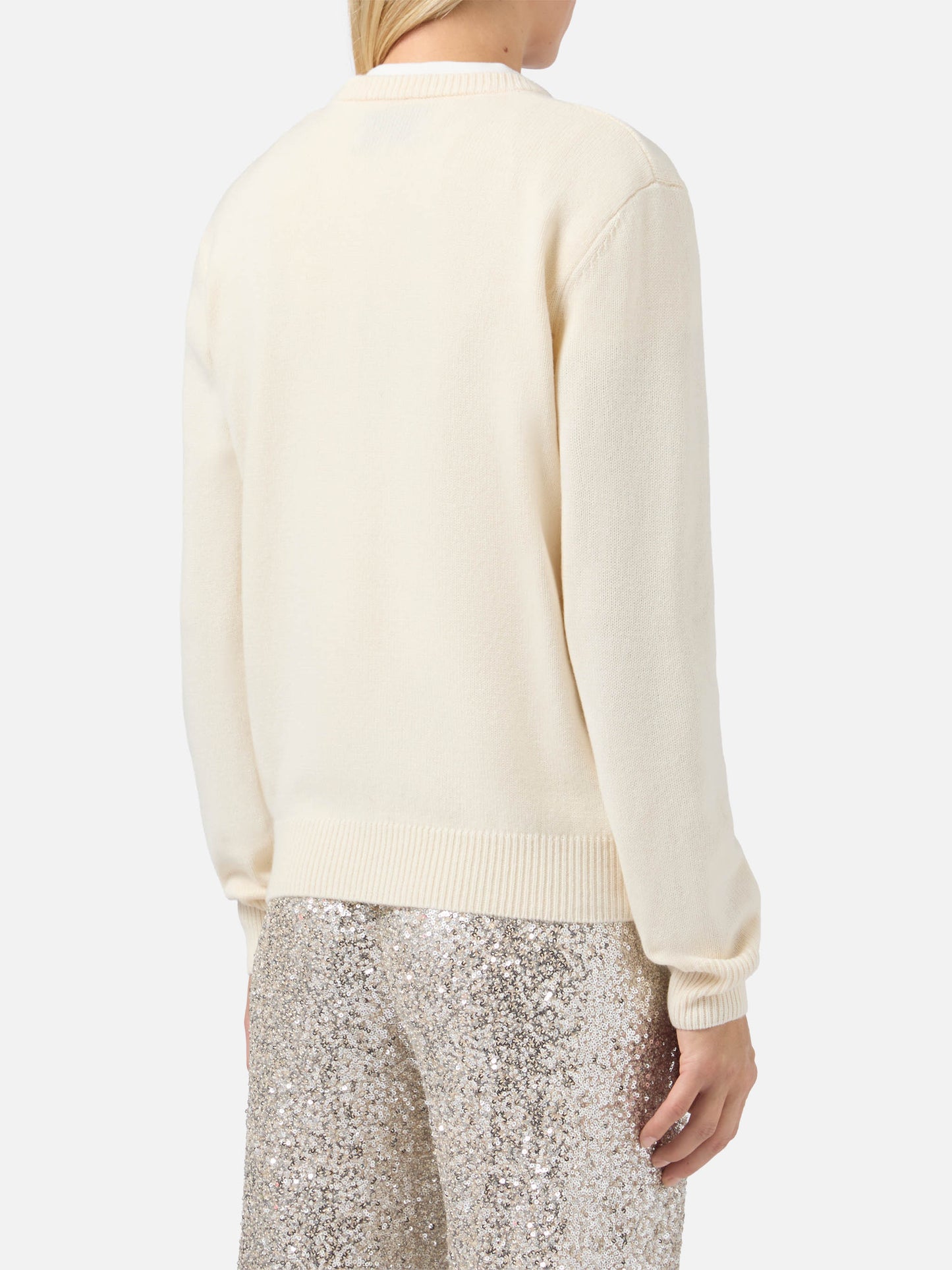New Queen cashmere-blend sweater in white with postcard jacquard and embroidery