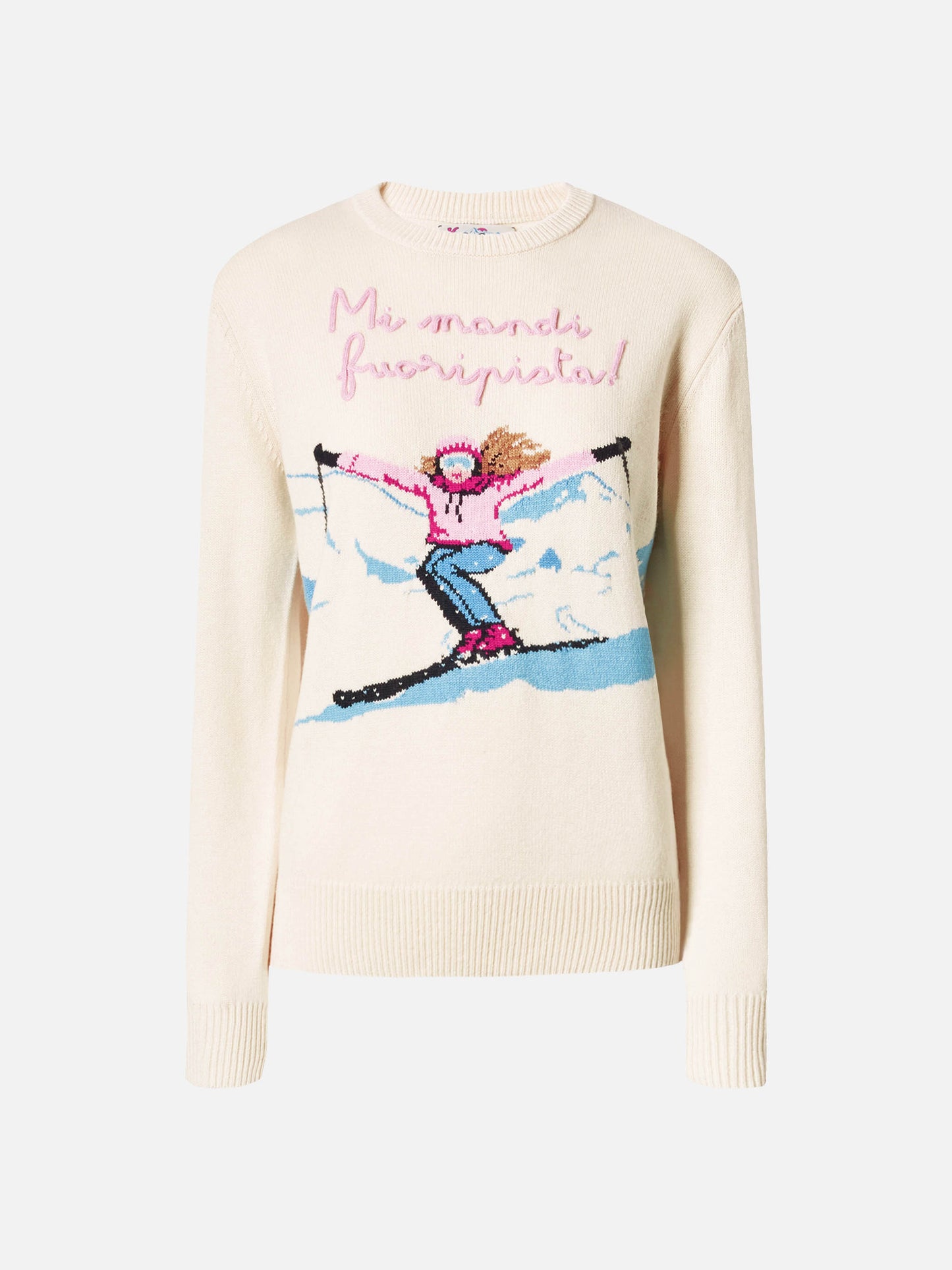 New Queen cashmere-blend sweater in white with postcard jacquard and embroidery