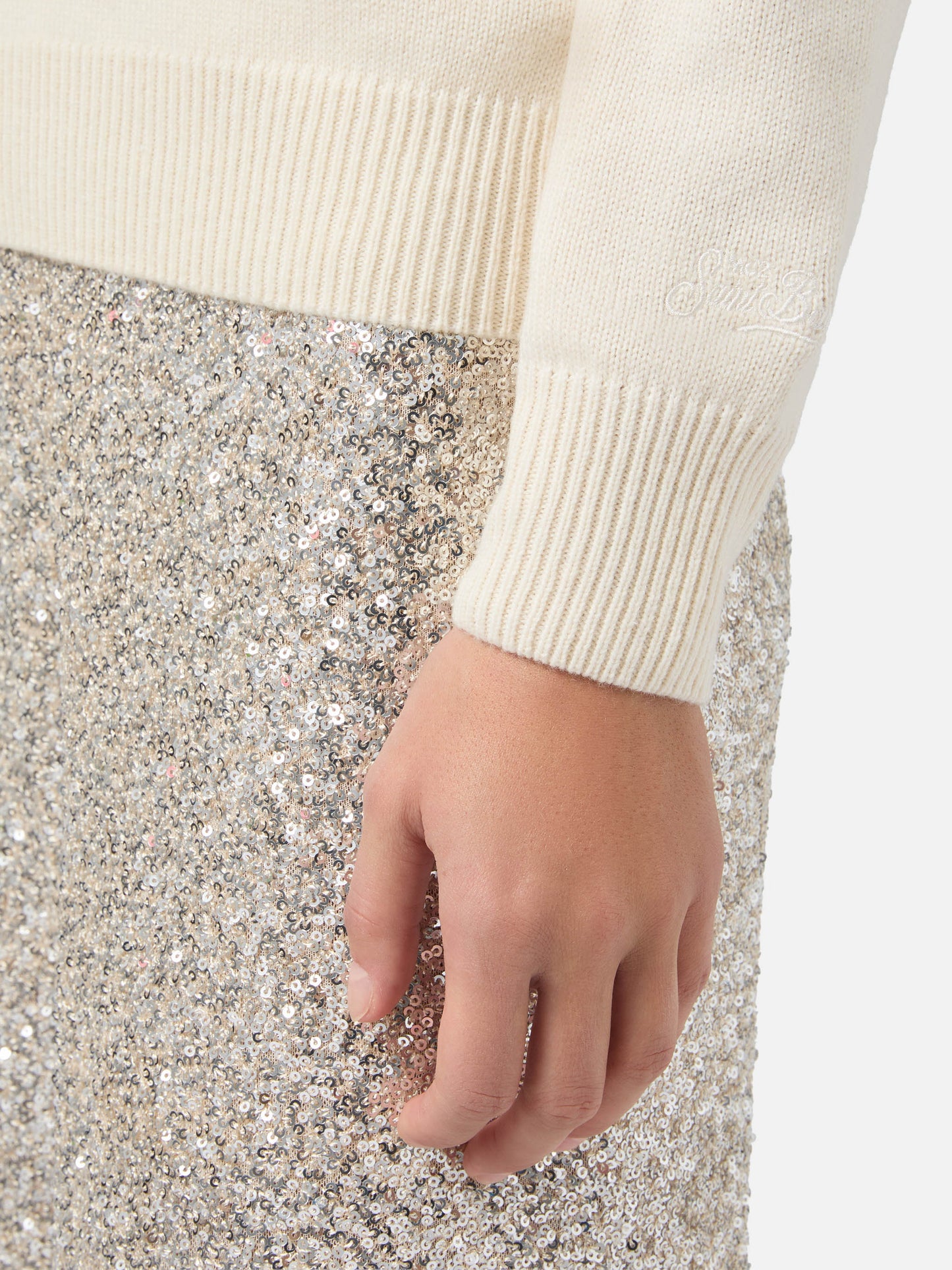 New Queen cashmere-blend sweater in white with postcard jacquard and embroidery