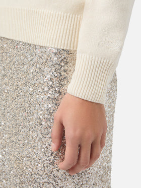 New Queen cashmere-blend sweater in white with postcard jacquard and embroidery