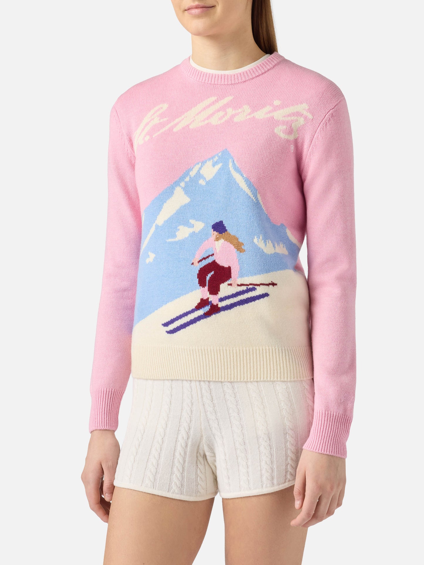 Neuer Queen-Pullover aus Kaschmirmischung in Rosa mit Jacquardmuster und St. Moritz-Postkartenmotiv | ST. MORITZ SONDEREDITION