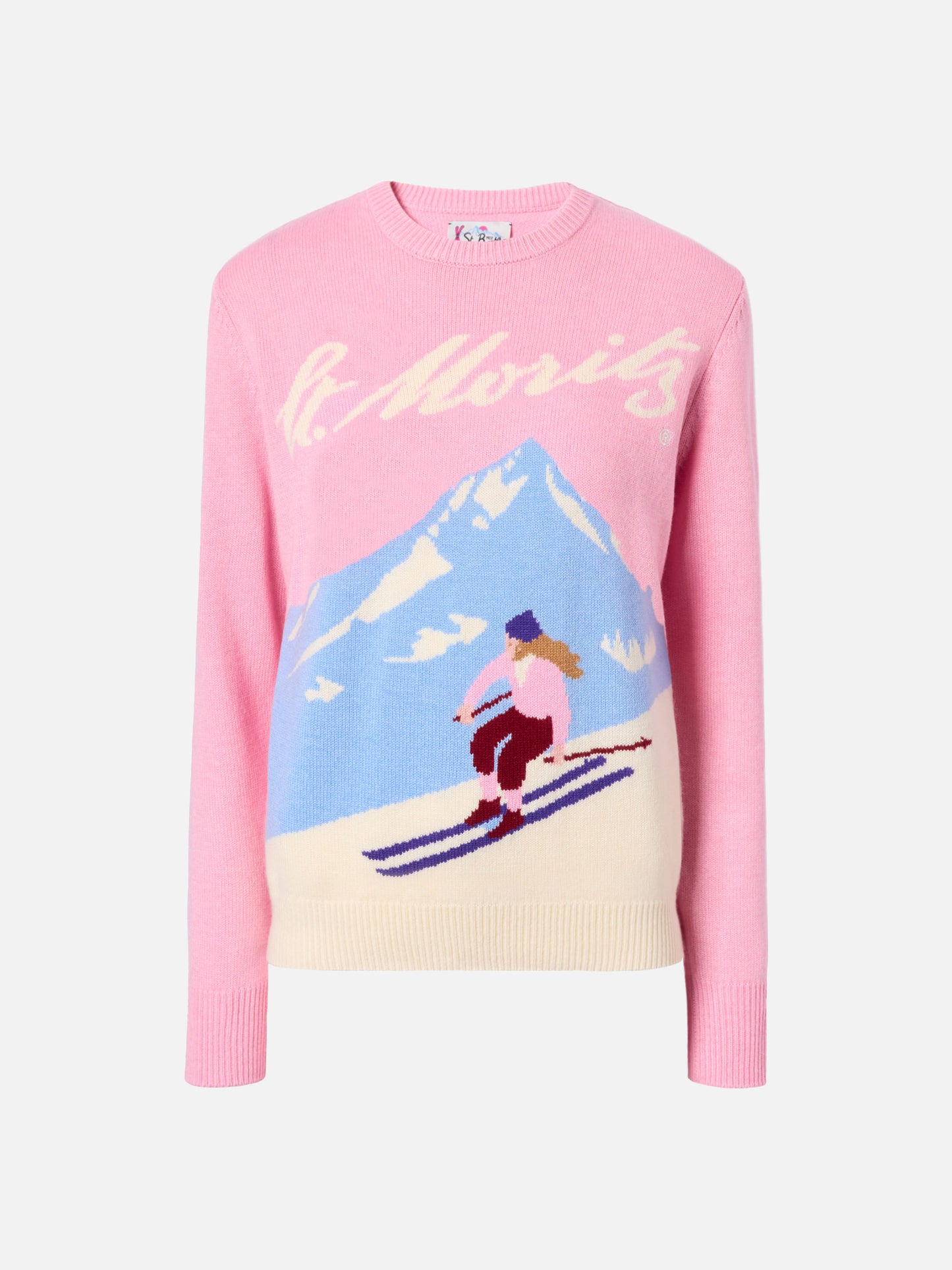 Neuer Queen-Pullover aus Kaschmirmischung in Rosa mit Jacquardmuster und St. Moritz-Postkartenmotiv | ST. MORITZ SONDEREDITION